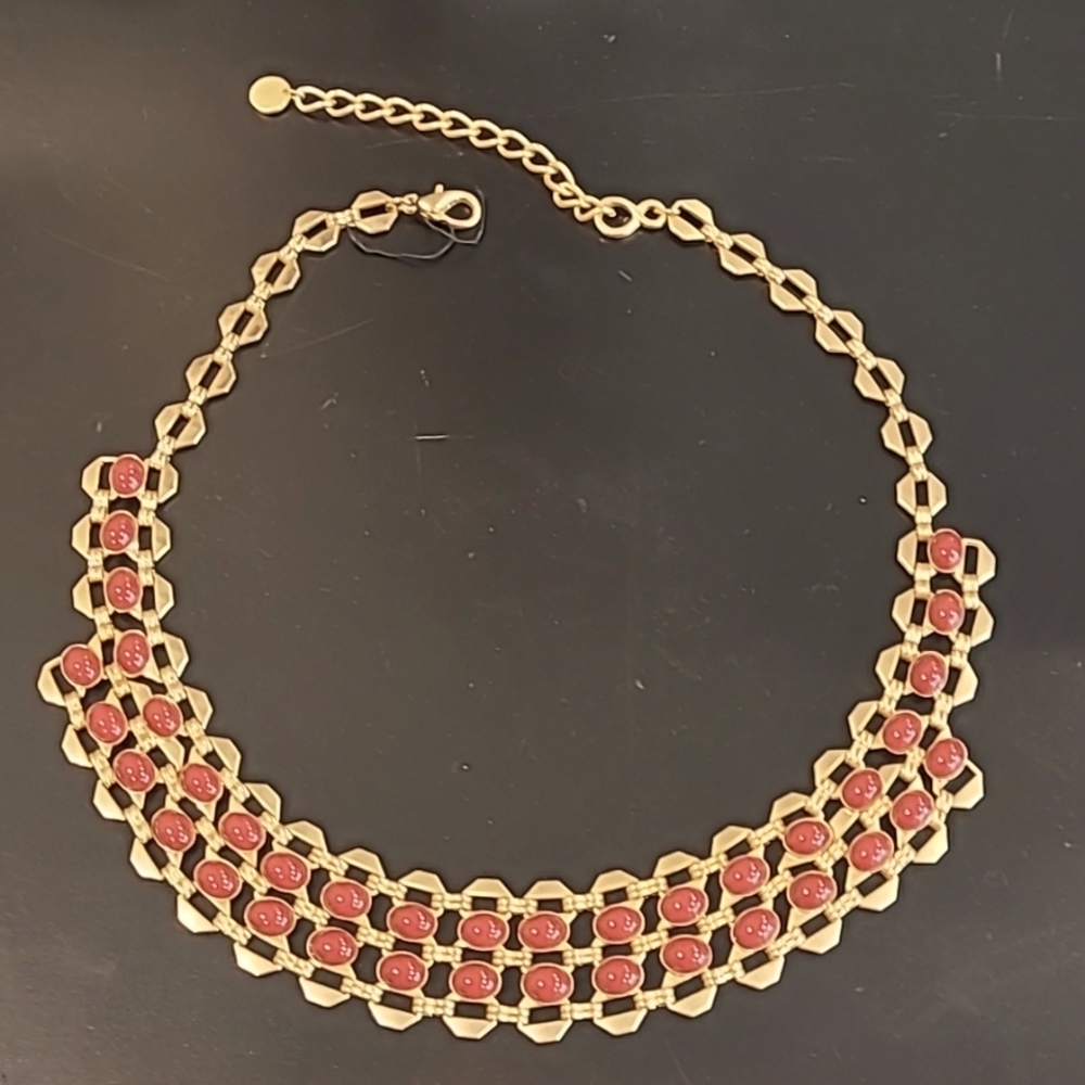 Talbots matte gold tone necklace with deep red beads. 18-21"